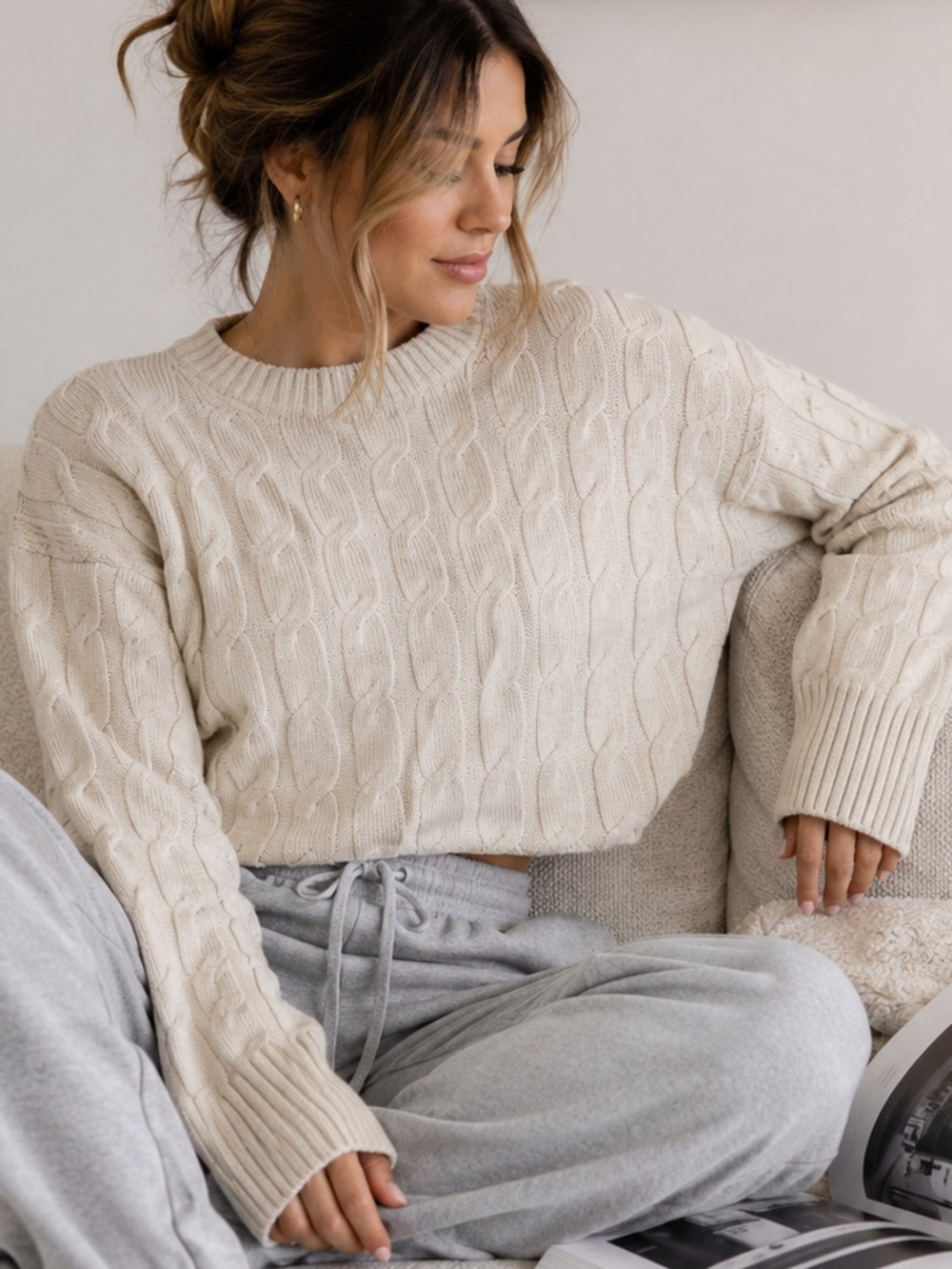 Babaton Cable Knit Merino Wool Cropped Sweater Cream XS Minimalist Cozy Fall